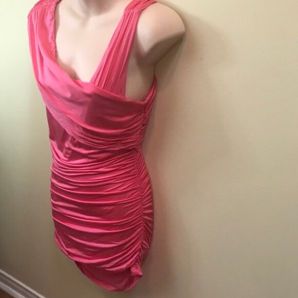 Bebe NEW Hot Pink Ruched Draped Tank Top Silky Stretch Bodycon Slimming Tank - Picture 3 of 11